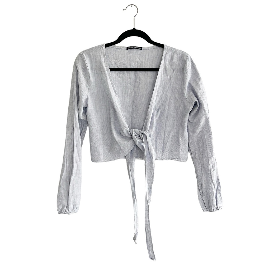 Brandy Melville white and blue striped tie front long sleeve top one size